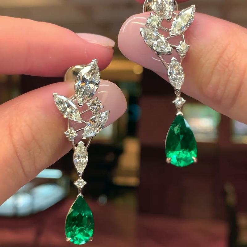 7.9ct Pear Cut Emerald Drop Earrings
