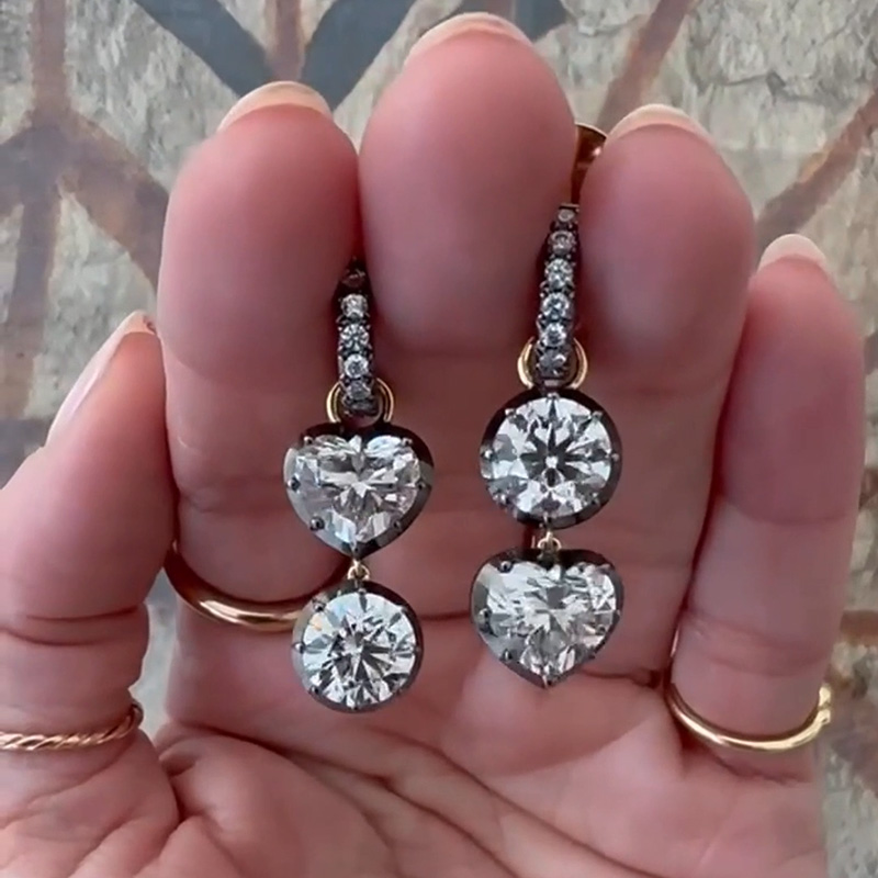 5ct Heart And Round Cut White Sapphire Asymmetric Drop Earrings