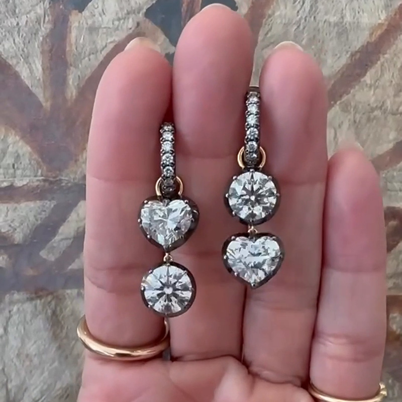 5ct Heart And Round Cut White Sapphire Asymmetric Drop Earrings