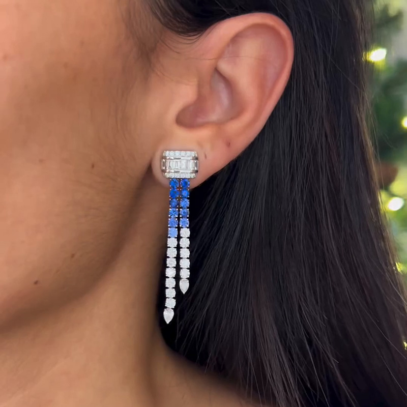 Round Cut White And Blue Sapphire Handmade Drop Earrings