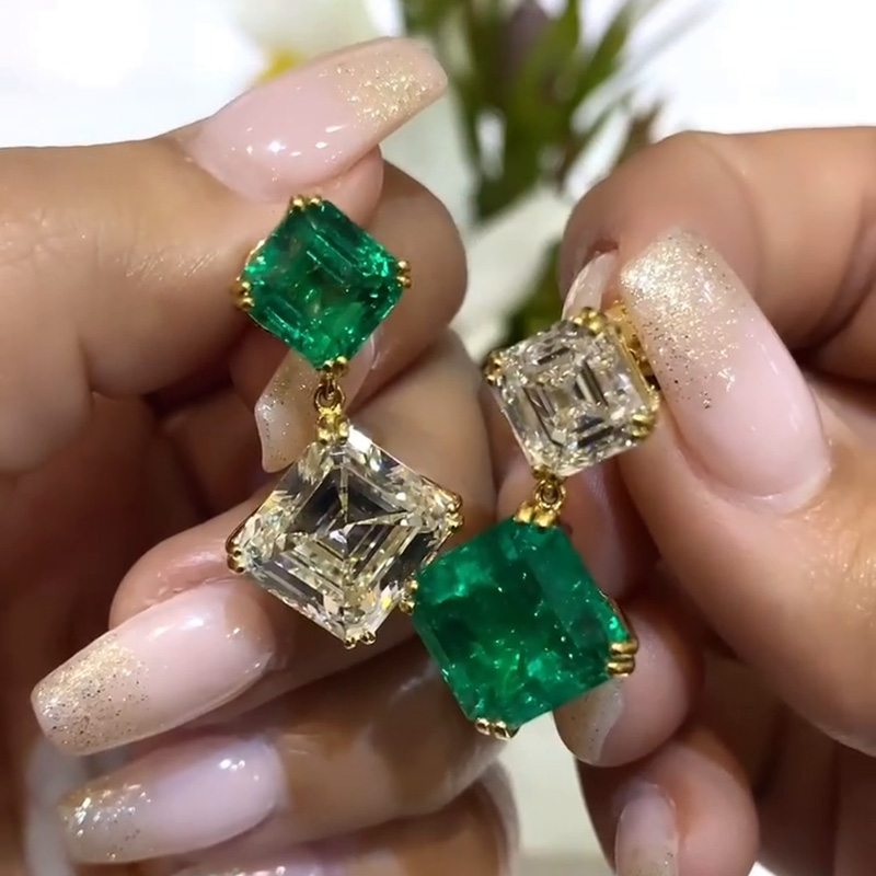 12ct Asscher Cut Emerald And White Sapphire Yellow Gold Drop Earrings