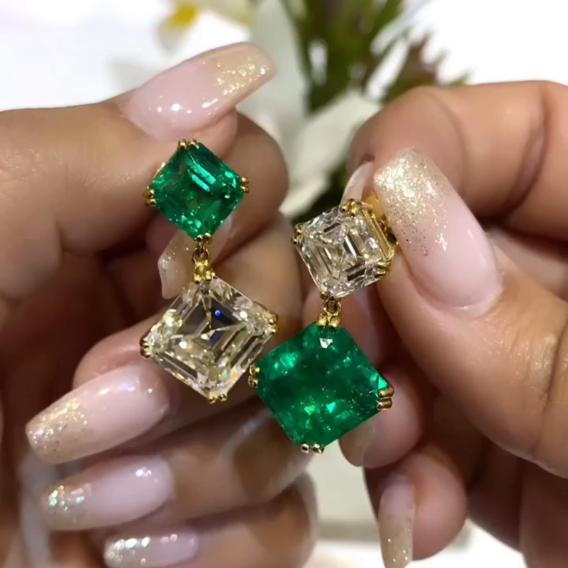 12ct Asscher Cut Emerald And White Sapphire Yellow Gold Drop Earrings