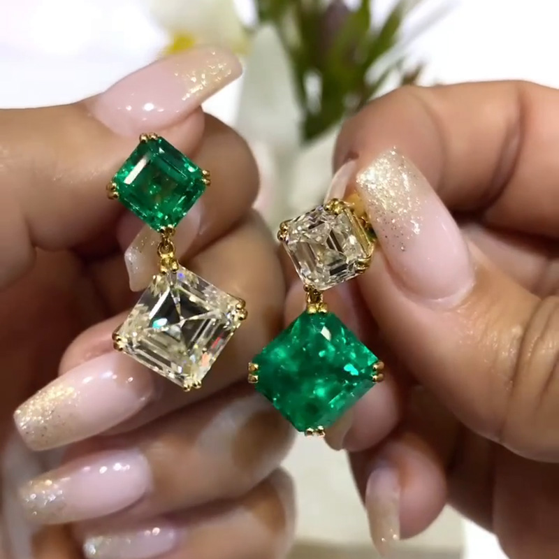 12ct Asscher Cut Emerald And White Sapphire Yellow Gold Drop Earrings