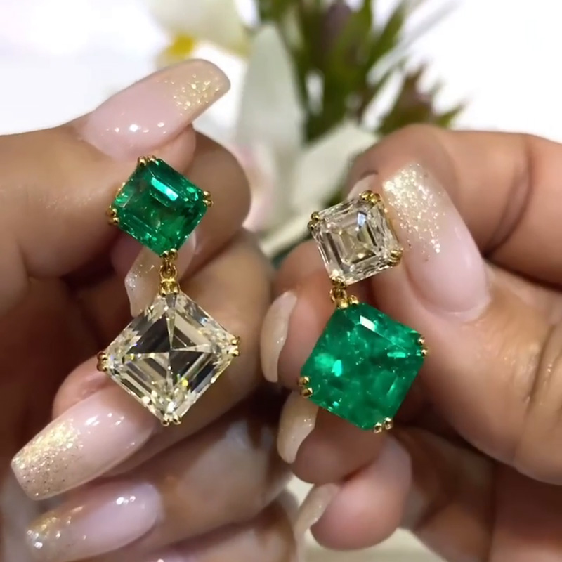 12ct Asscher Cut Emerald And White Sapphire Yellow Gold Drop Earrings