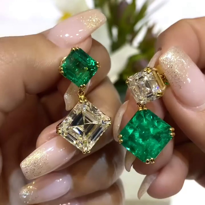 12ct Asscher Cut Emerald And White Sapphire Yellow Gold Drop Earrings