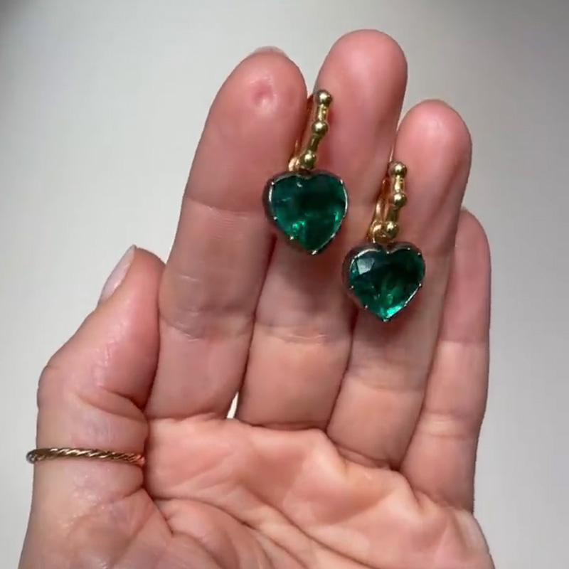 5.6ct Heart Cut Emerald Yellow Gold Chic Drop Earrings