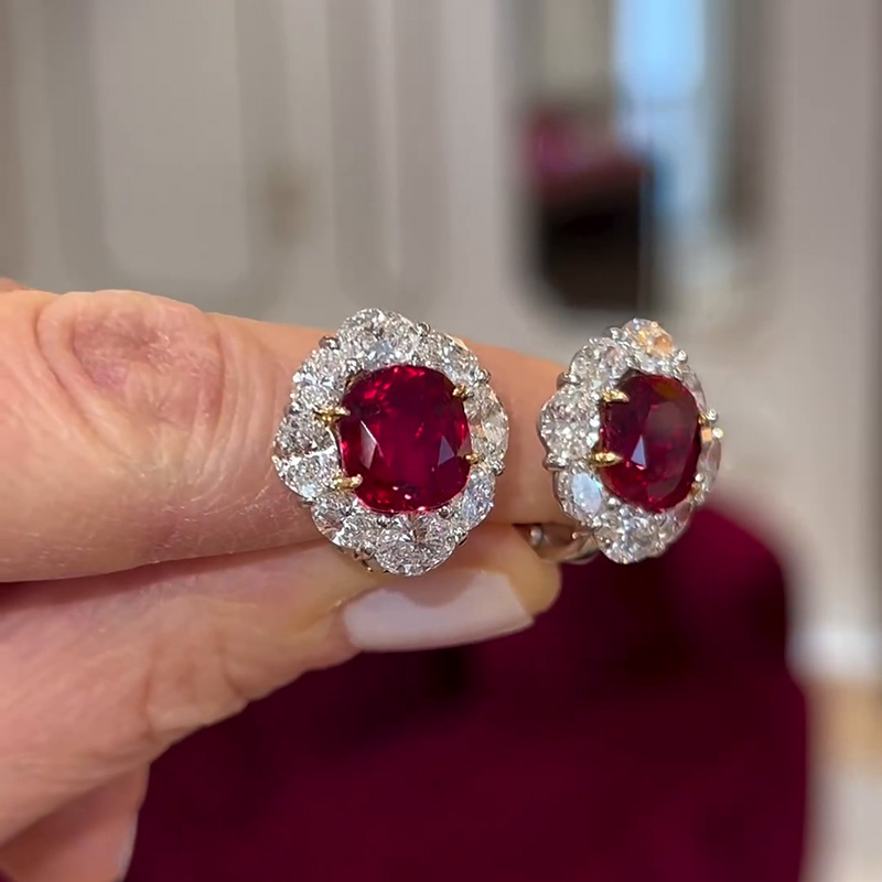 3ct Cushion Cut Ruby With Oval Cut White Sapphire Halo Stud Earrings