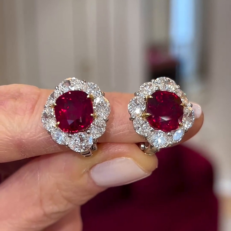3ct Cushion Cut Ruby With Oval Cut White Sapphire Halo Stud Earrings