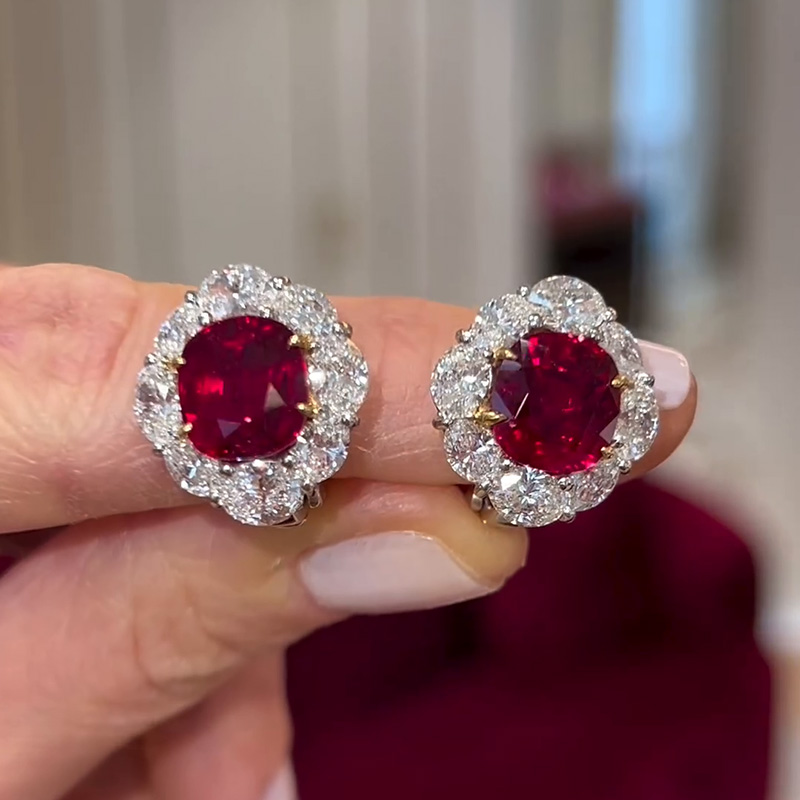 3ct Cushion Cut Ruby With Oval Cut White Sapphire Halo Stud Earrings