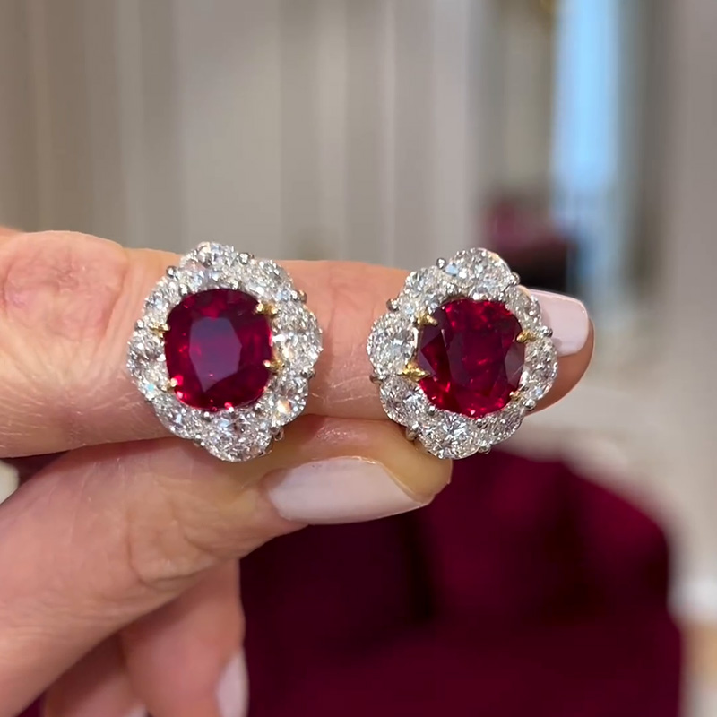 3ct Cushion Cut Ruby With Oval Cut White Sapphire Halo Stud Earrings