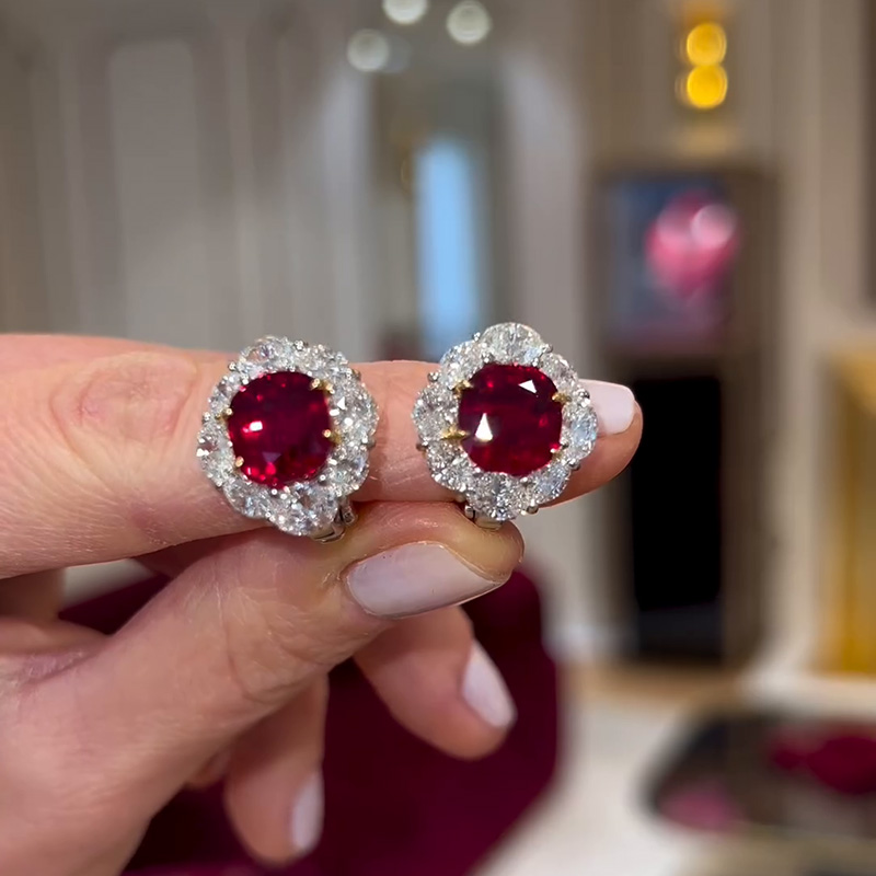 3ct Cushion Cut Ruby With Oval Cut White Sapphire Halo Stud Earrings
