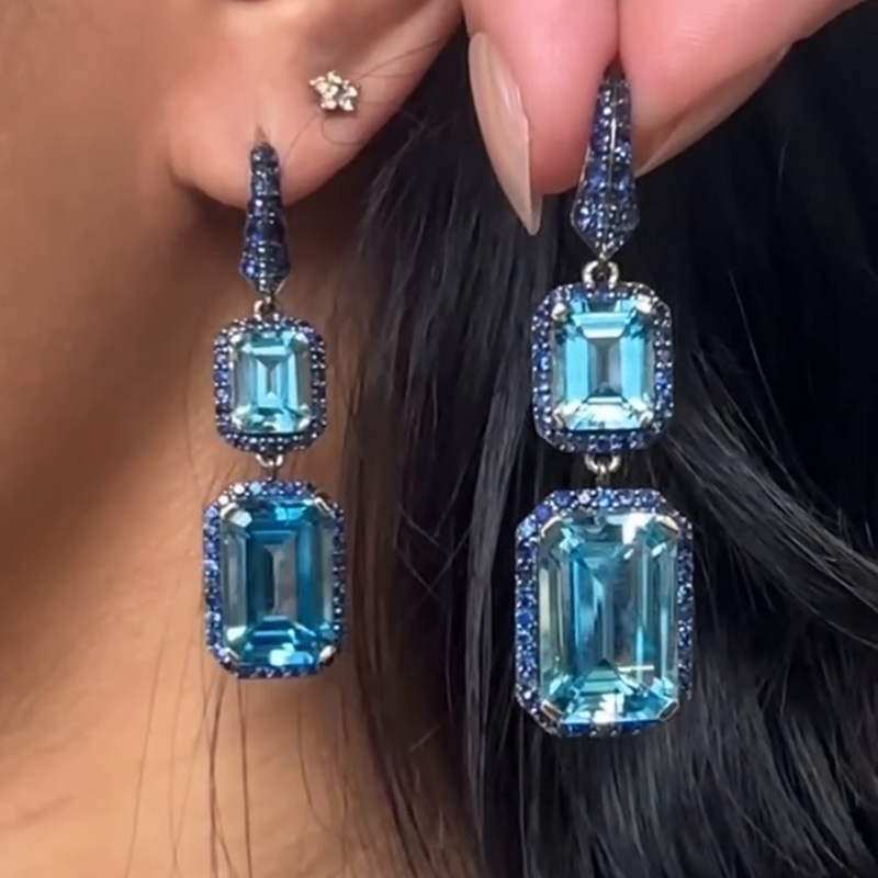 9ct Emerald Cut Aquamarine Halo Paved Earrings