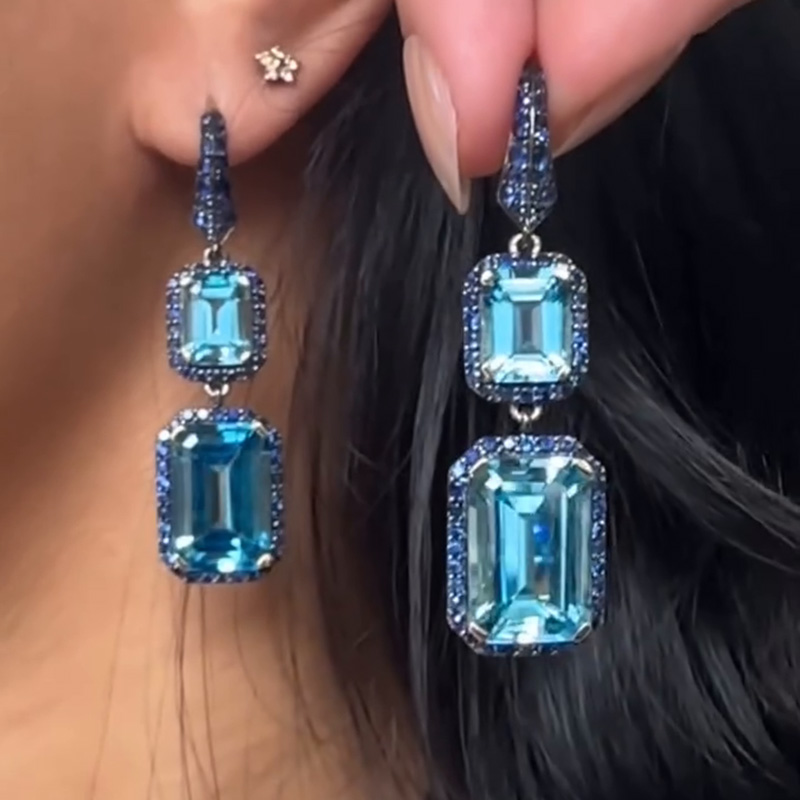 9ct Emerald Cut Aquamarine Halo Paved Earrings