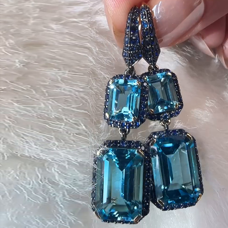 9ct Emerald Cut Aquamarine Halo Paved Earrings