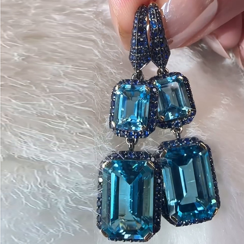 9ct Emerald Cut Aquamarine Halo Paved Earrings