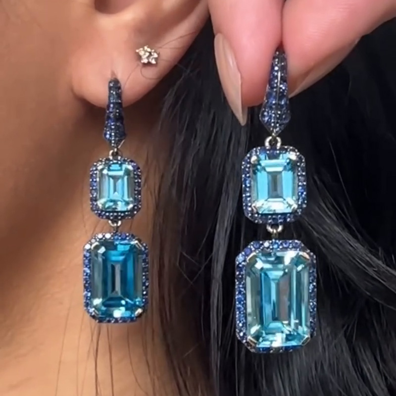 9ct Emerald Cut Aquamarine Halo Paved Earrings