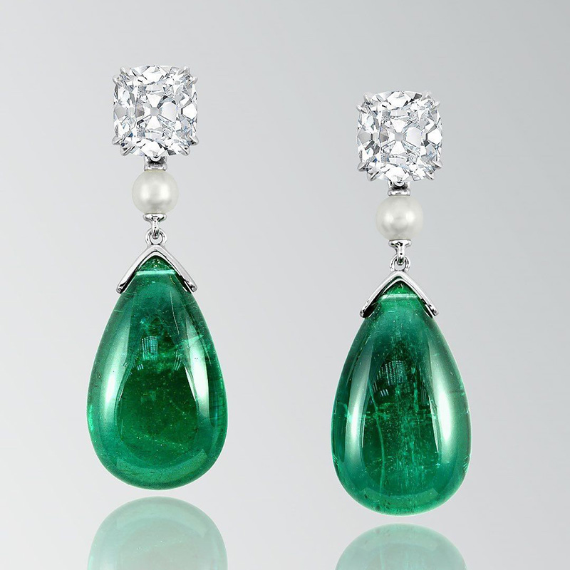 14.2ctw Pear Shape Cabochon Emerald With Cushion Cut White Sapphire Drop Earrings