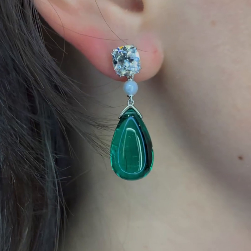 14.2ctw Pear Shape Cabochon Emerald With Cushion Cut White Sapphire Drop Earrings
