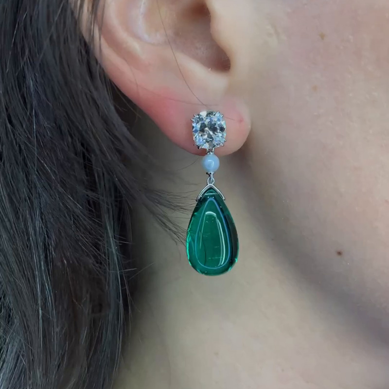 14.2ctw Pear Shape Cabochon Emerald With Cushion Cut White Sapphire Drop Earrings