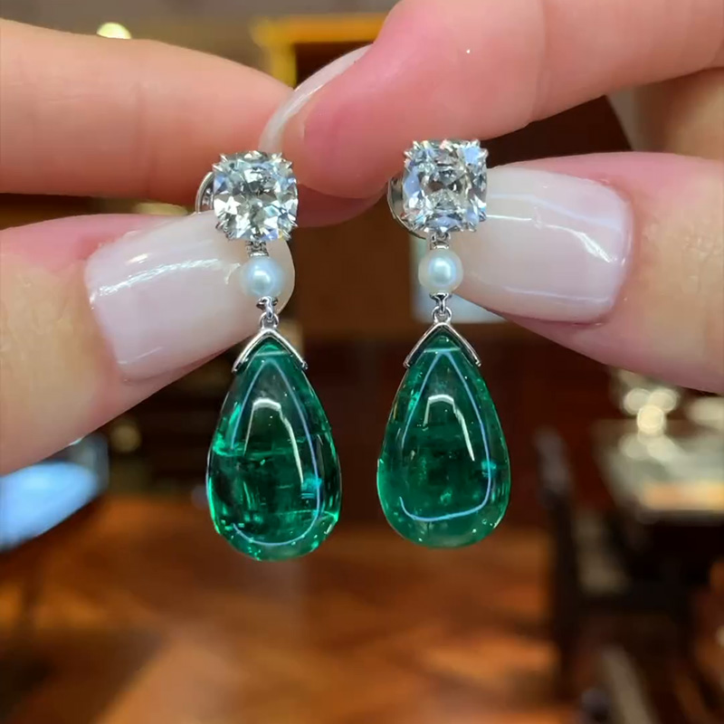 14.2ctw Pear Shape Cabochon Emerald With Cushion Cut White Sapphire Drop Earrings