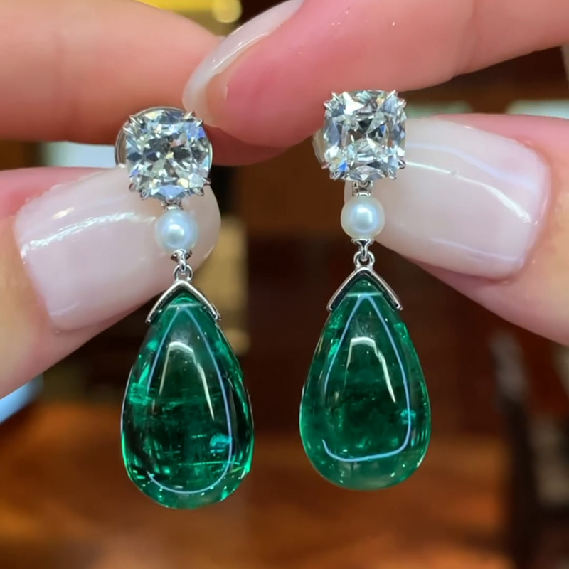 14.2ctw Pear Shape Cabochon Emerald With Cushion Cut White Sapphire Drop Earrings