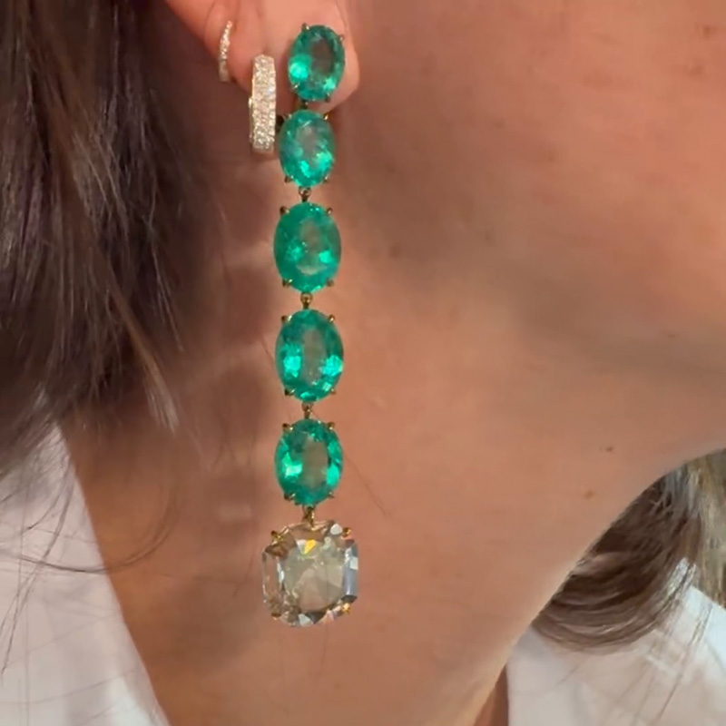 15ctw Cushion Cut White Sapphire & Oval Cut Emerald Chic Drop Earrings