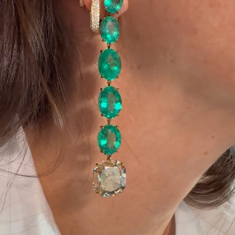 15ctw Cushion Cut White Sapphire & Oval Cut Emerald Chic Drop Earrings