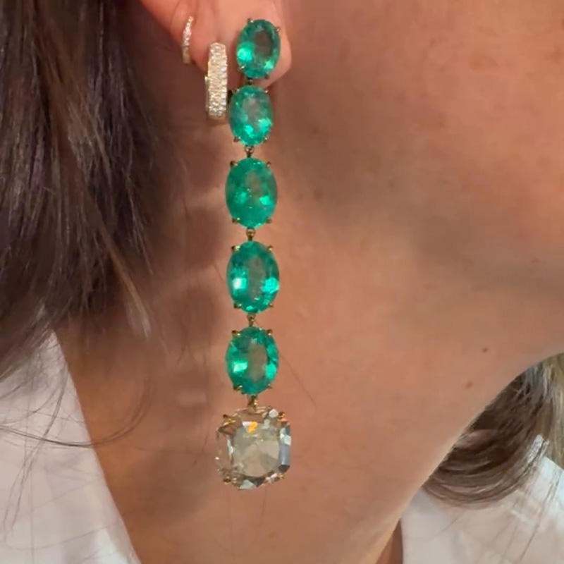 15ctw Cushion Cut White Sapphire & Oval Cut Emerald Chic Drop Earrings