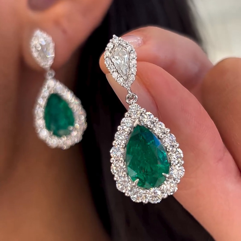 10ctw Pear Cut Emerald With A Round Cut White Sapphire Halo Handmade Drop Earrings