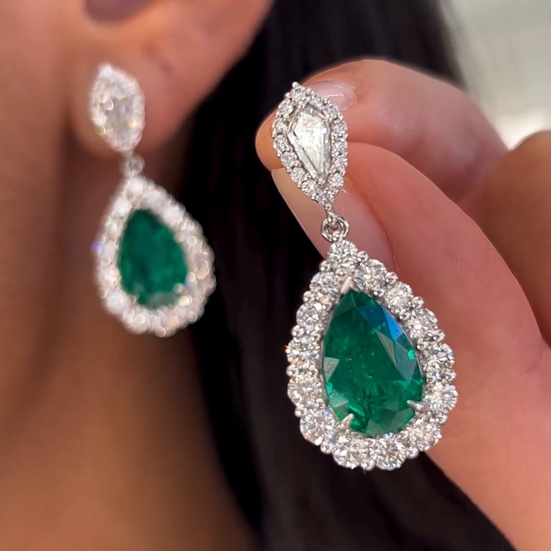 10ctw Pear Cut Emerald With A Round Cut White Sapphire Halo Handmade Drop Earrings