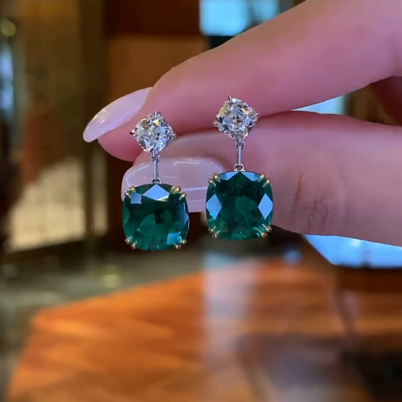 9ctw Cushion Cut Emerald & White Sapphire Two Tone Drop Earrings