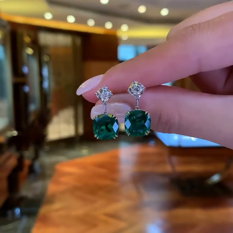 9ctw Cushion Cut Emerald & White Sapphire Two Tone Drop Earrings