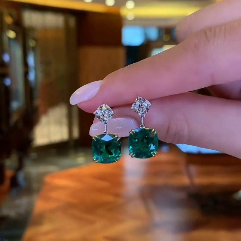 9ctw Cushion Cut Emerald & White Sapphire Two Tone Drop Earrings