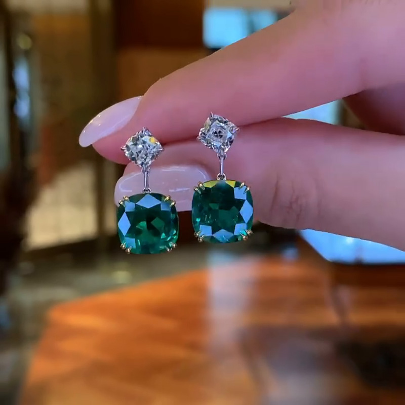 9ctw Cushion Cut Emerald & White Sapphire Two Tone Drop Earrings