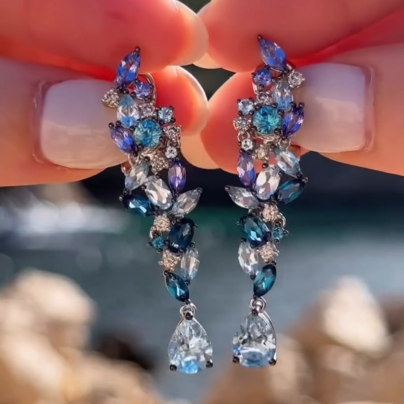 5.5ctw Multi-Shape Cut Clusters Of Blue Gemstones Sea Wave Dangling Earrings