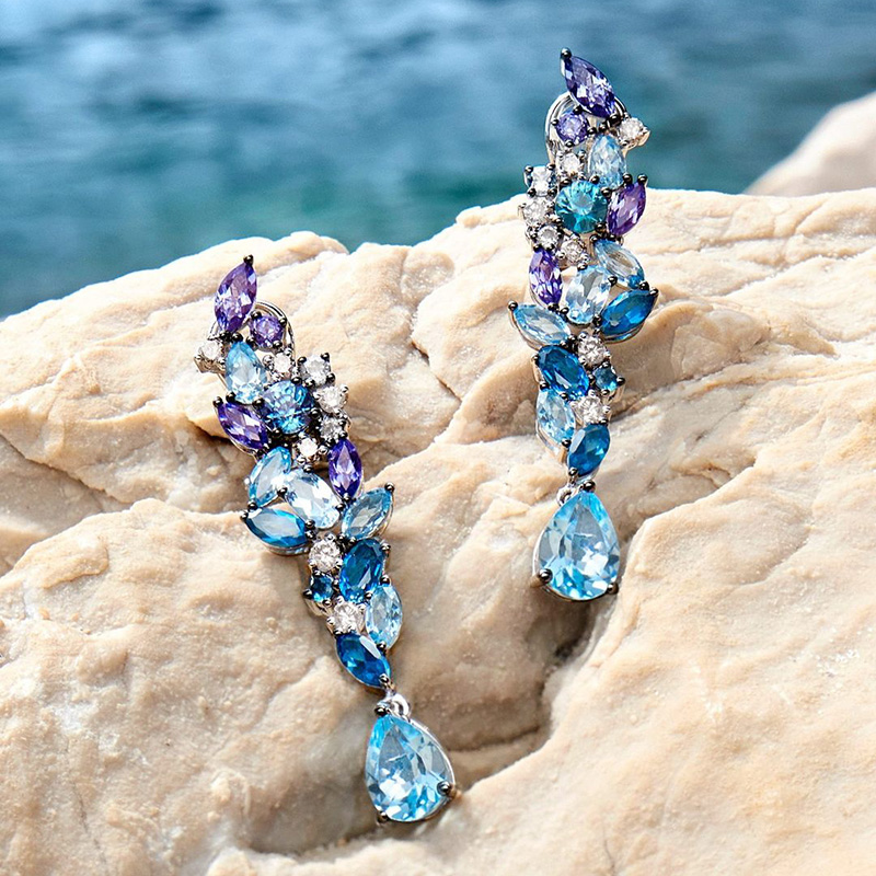 5.5ctw Multi-Shape Cut Clusters Of Blue Gemstones Sea Wave Dangling Earrings
