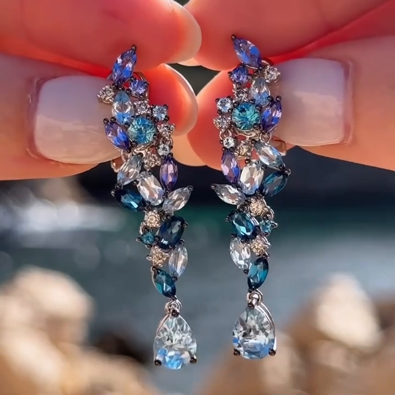5.5ctw Multi-Shape Cut Clusters Of Blue Gemstones Sea Wave Dangling Earrings