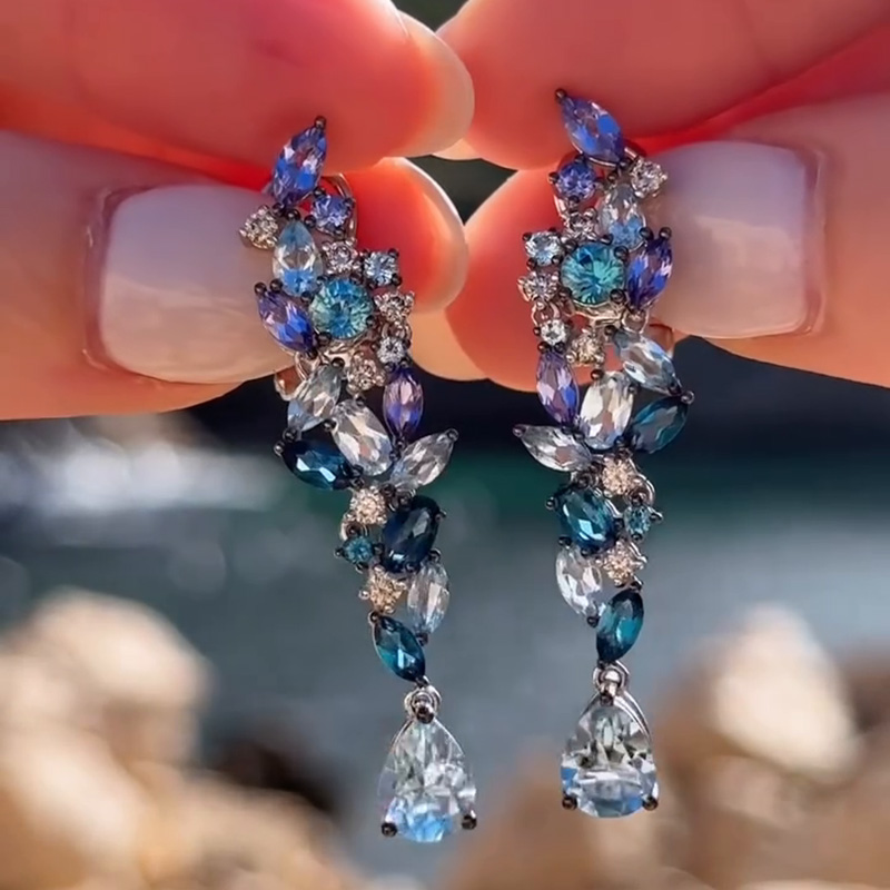 5.5ctw Multi-Shape Cut Clusters Of Blue Gemstones Sea Wave Dangling Earrings