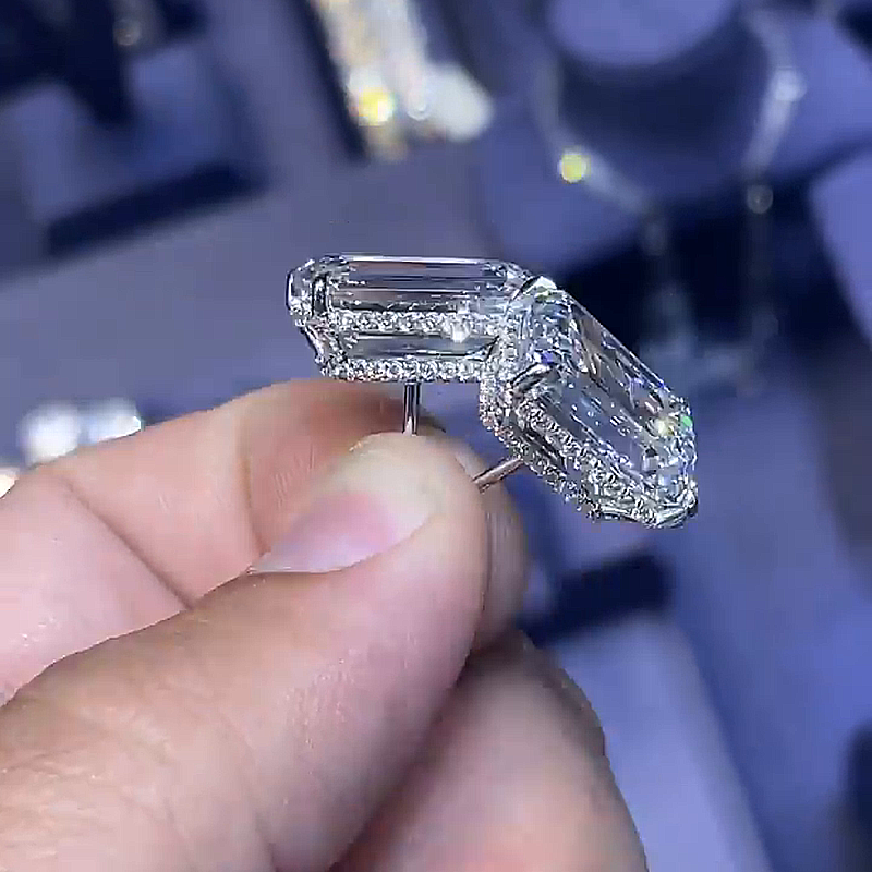 6ct Emerald Cut White Sapphire Halo Handmade Men's Stud