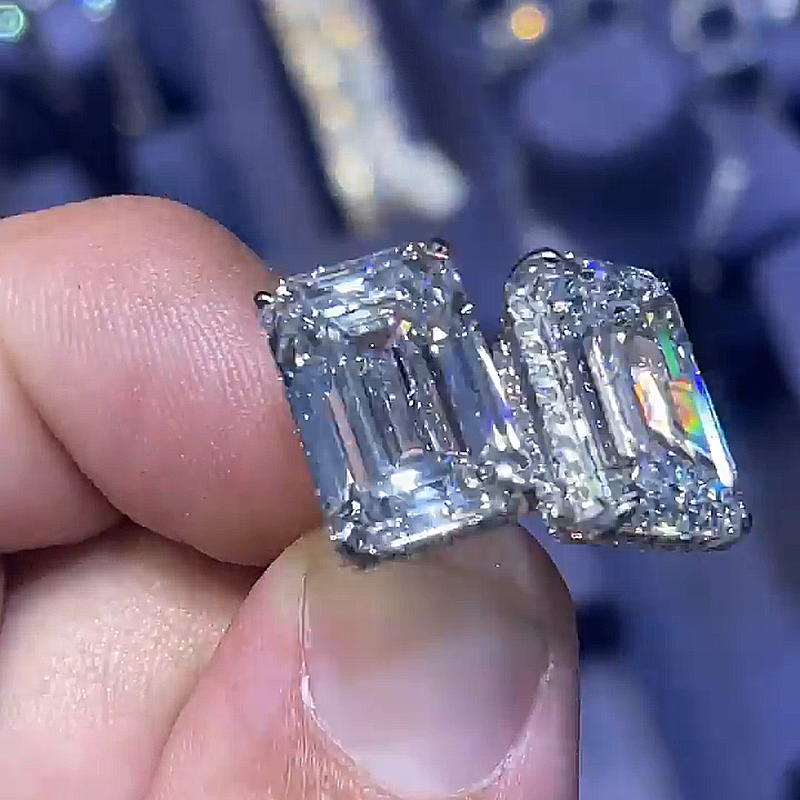 6ct Emerald Cut White Sapphire Halo Handmade Men's Stud