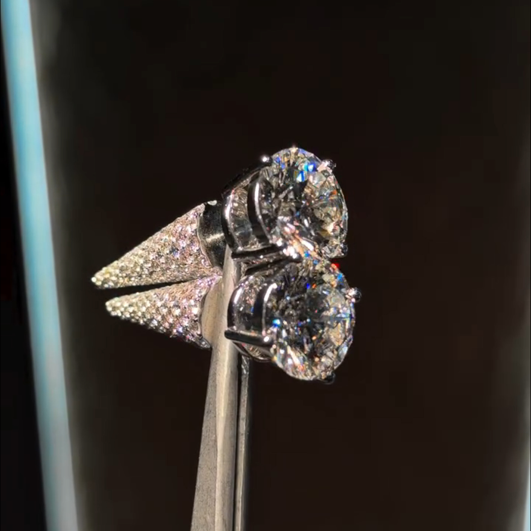 5ctw round cut diamond main stone + small diamond inlaid sterling silver handmade earrings