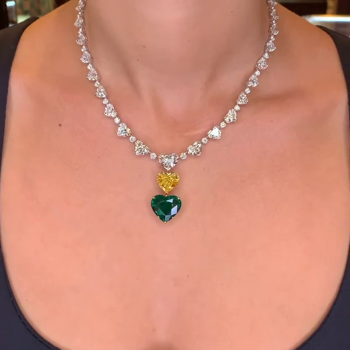 37.3ctw Heart Cut Emerald Mix With Yellow Sapphire Pendant Necklace