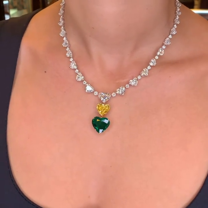37.3ctw Heart Cut Emerald Mix With Yellow Sapphire Pendant Necklace