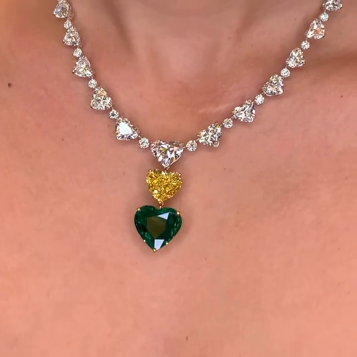 37.3ctw Heart Cut Emerald Mix With Yellow Sapphire Pendant Necklace
