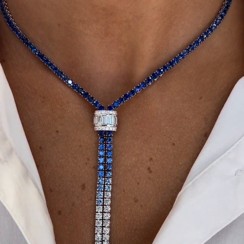 Round Cut Blue And White Sapphire Handmade Statement Necklace