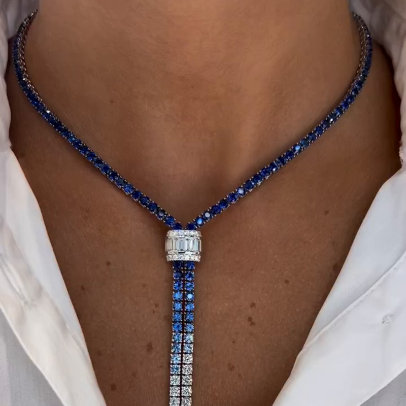 Round Cut Blue And White Sapphire Handmade Statement Necklace