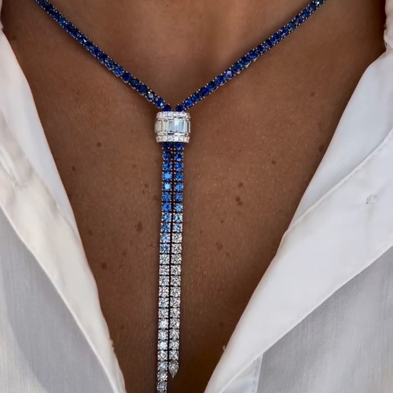 Round Cut Blue And White Sapphire Handmade Statement Necklace