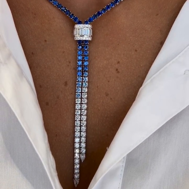 Round Cut Blue And White Sapphire Handmade Statement Necklace