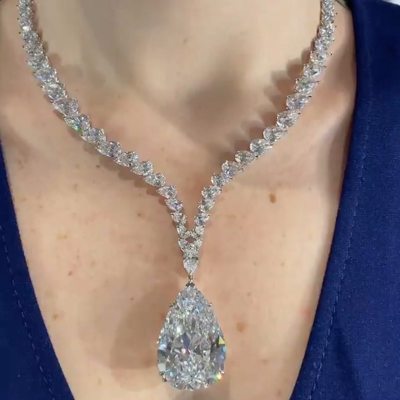 54ctw Pear Cut White Sapphire Silver Handmade Pendant Neckalce