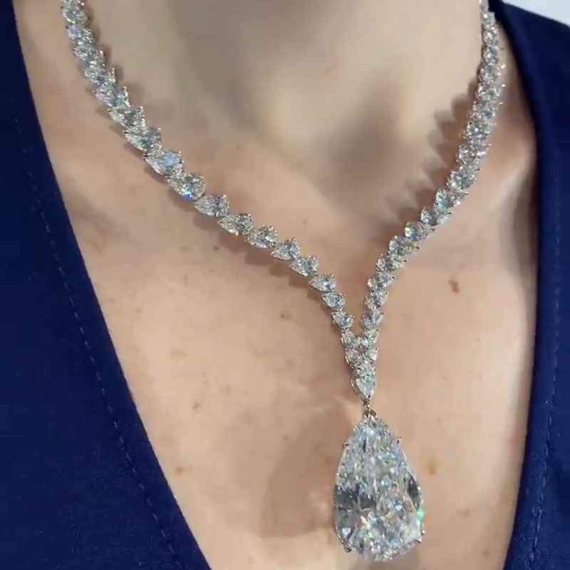 54ctw Pear Cut White Sapphire Silver Handmade Pendant Neckalce